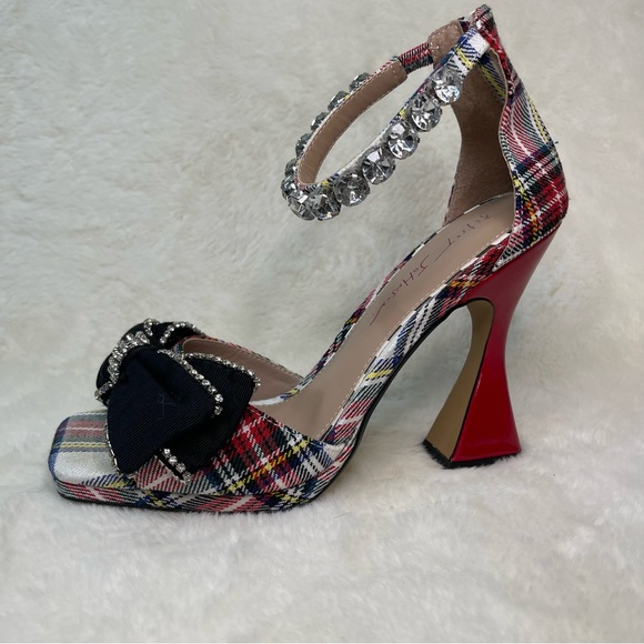 Betsy Johnson Giuliana Plaid Heels with Bow and Rhinestones - Picture 1 of 10